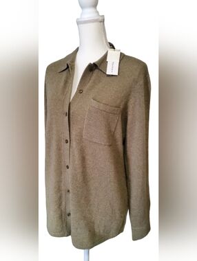 White + Warren Olive Green Button-Front Wool Shirt